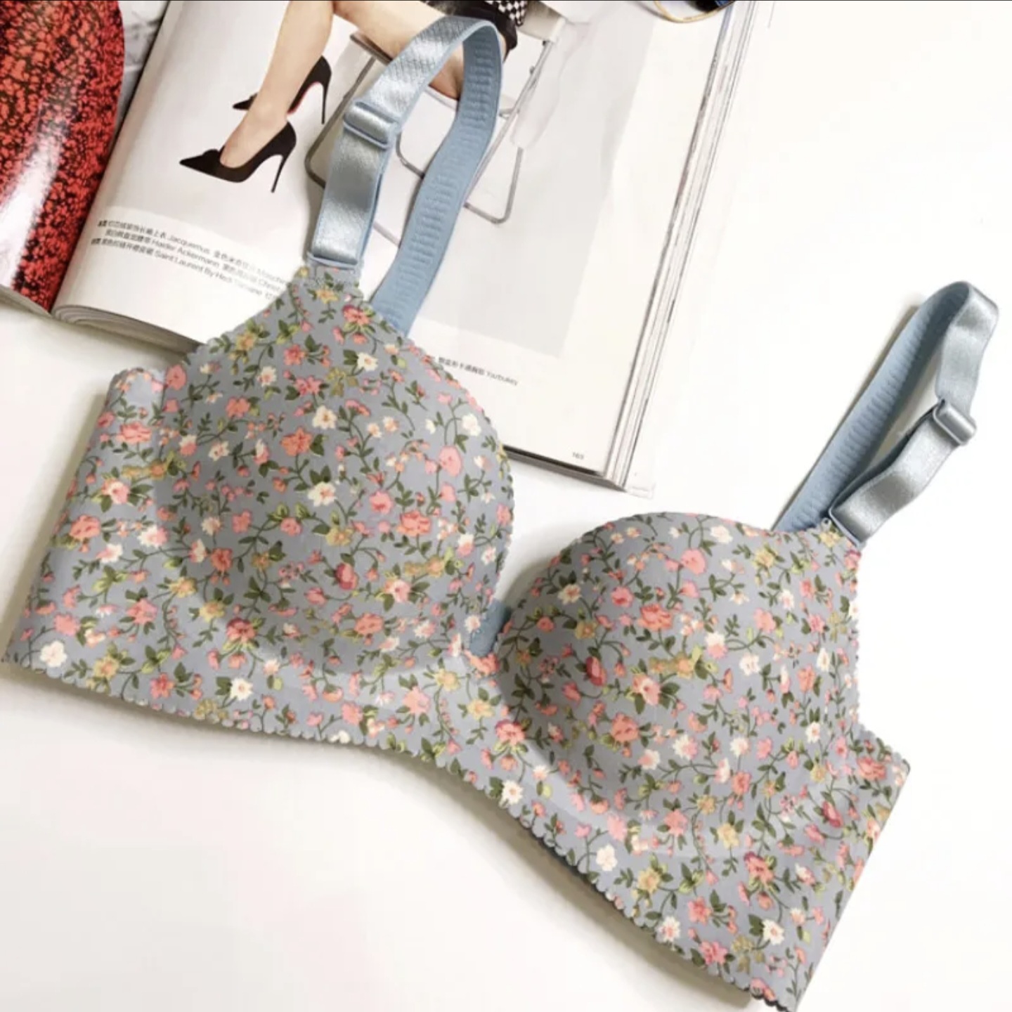 Women Lingerie Seamless Adjustable Bra Sexy Comfortable Nylon Flower Print  One-Piece Underwear Breathable