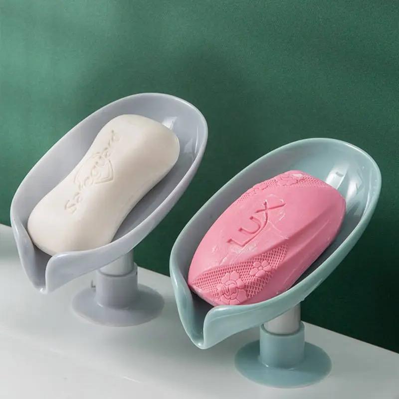 Suction Drain Soap Tray, Soap Holder Leaf-Shape Self Draining Soap Dish Holder