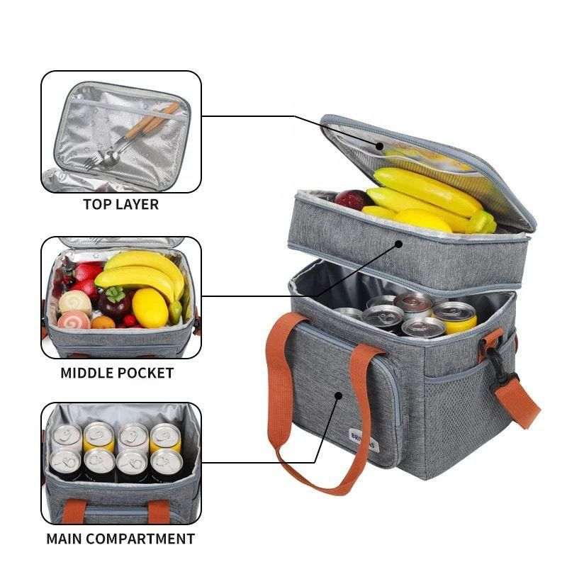 Double Layer Insulated Lunch Bag, High Capacity, Picnic Bento Box, Meal Pouch, Food Thermal Cooler, for Women Men