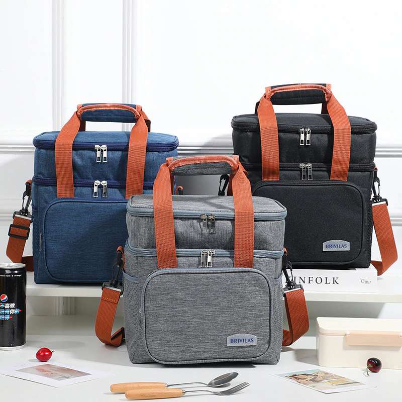 Double Layer Insulated Lunch Bag, High Capacity, Picnic Bento Box, Meal Pouch, Food Thermal Cooler, for Women Men