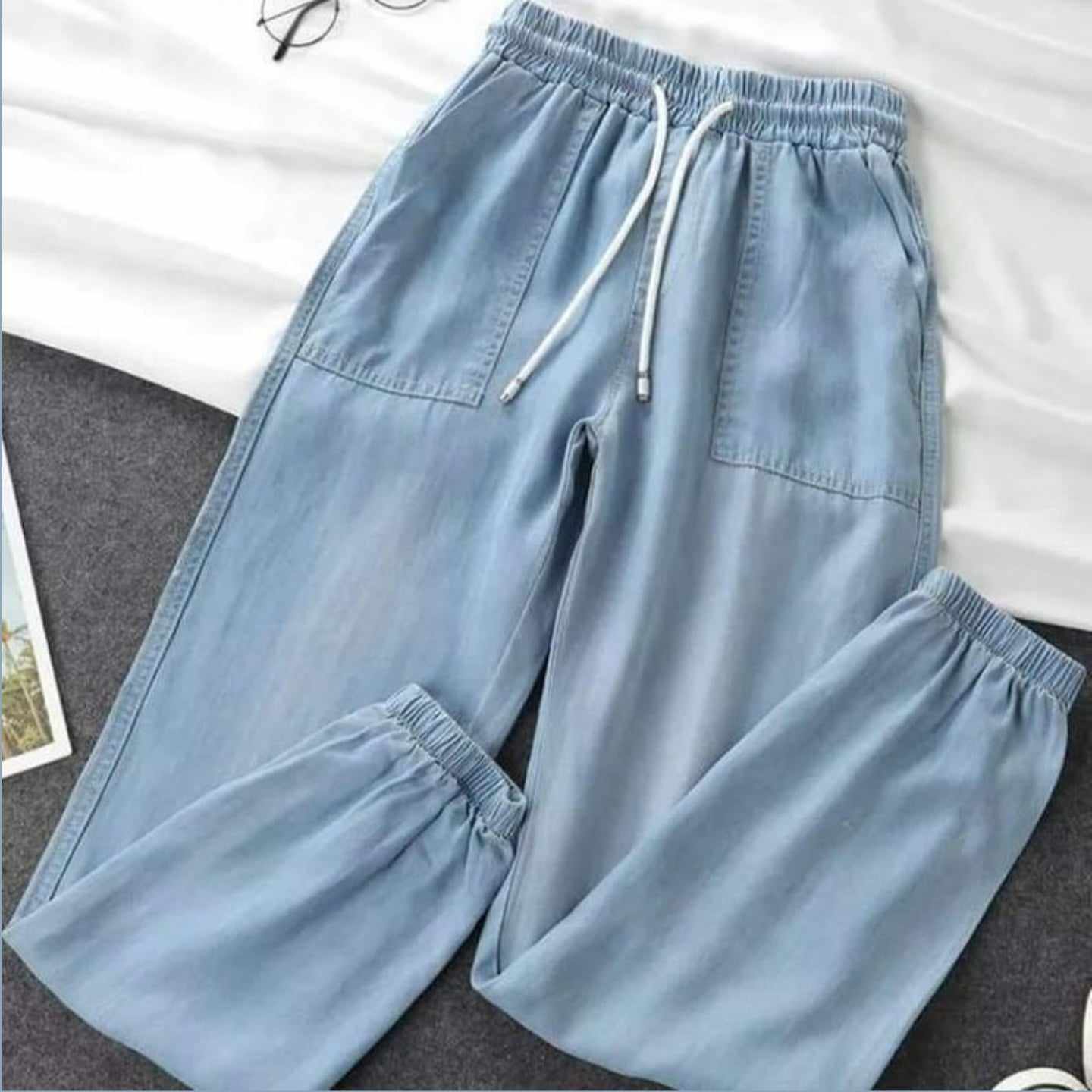 Ladies Thin Loose Pants with Pockets Sky Blue