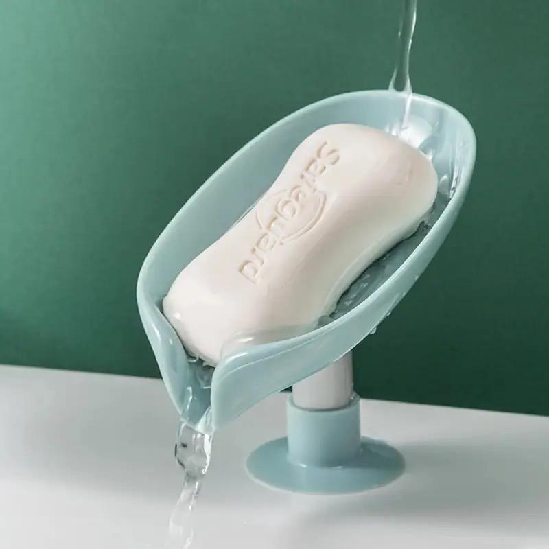 Suction Drain Soap Tray, Soap Holder Leaf-Shape Self Draining Soap Dish Holder