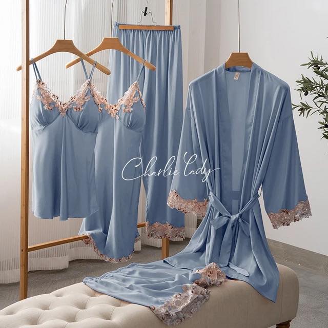 Womens satin pajamas set, sleepwear, kimono, bathrobe, sexy nightgown, lace trim, loungewear, spring, summer, 5 pieces