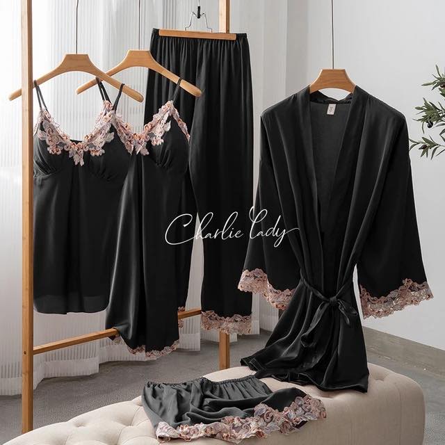 Womens satin pajamas set, sleepwear, kimono, bathrobe, sexy nightgown, lace trim, loungewear, spring, summer, 5 pieces