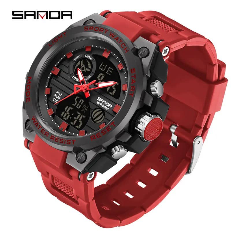 SANDA Mens Watches Sports Outdoor Waterproof Military Watch Date Multi Function Tactics LED Alarm Stopwatch