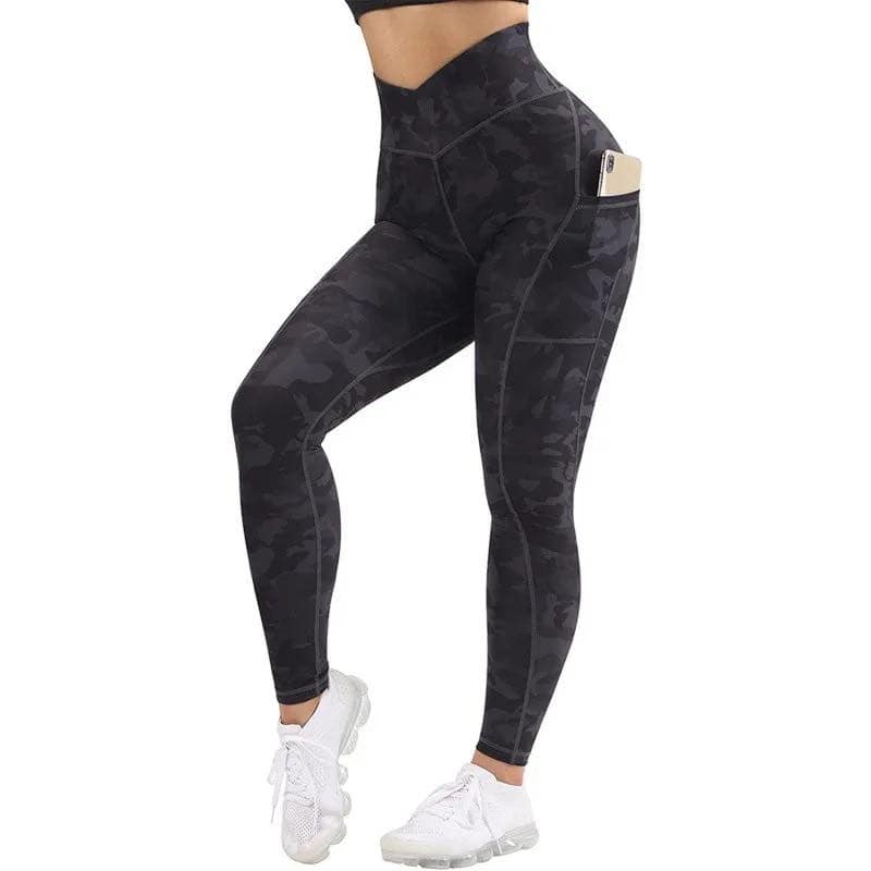 Fitness Clothing Sports Tight Yoga Leggings V Shaped Cut Waist Camo Printed Gym Leggings With Pockets Side for Women