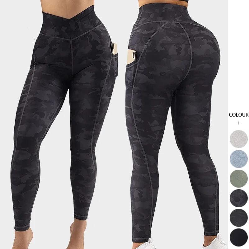 Fitness Clothing Sports Tight Yoga Leggings V Shaped Cut Waist Camo Printed Gym Leggings With Pockets Side for Women