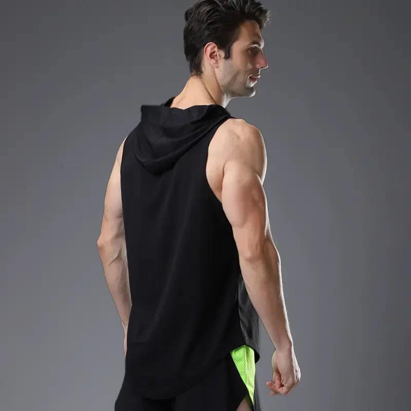 Mens Casual Solid Color Sleeveless Hooded Sweatshirt Quick Dry Breathable Sweatshirt