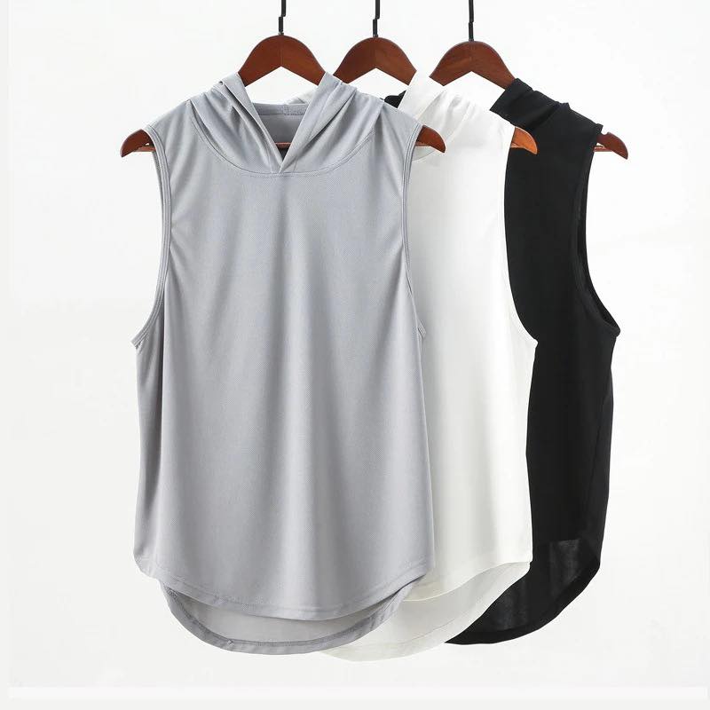 Mens Gym Tank Top Quick Drys Sleeveless Hoodie Men Bodybuilding Workout Stringer Shirt Running Vest Hooded T-shirt