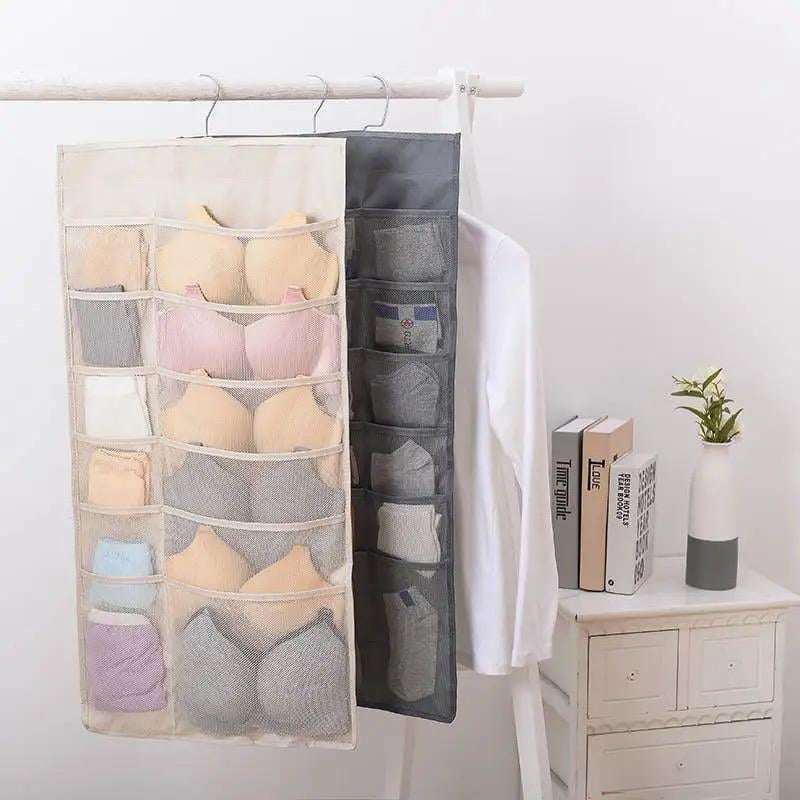 Dual Sided Wall Shelf Wardrobe Storage Hanging Organizer with Mesh Pockets Metal Hanger,Cloth Space Saver Bag for Bra Underwear