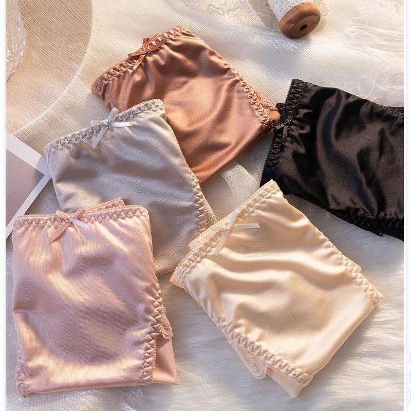 Lightweight Ice Silk Underwear Satin Soft Sexy Panties Mid Waist Smooth Bow Lingerie Women