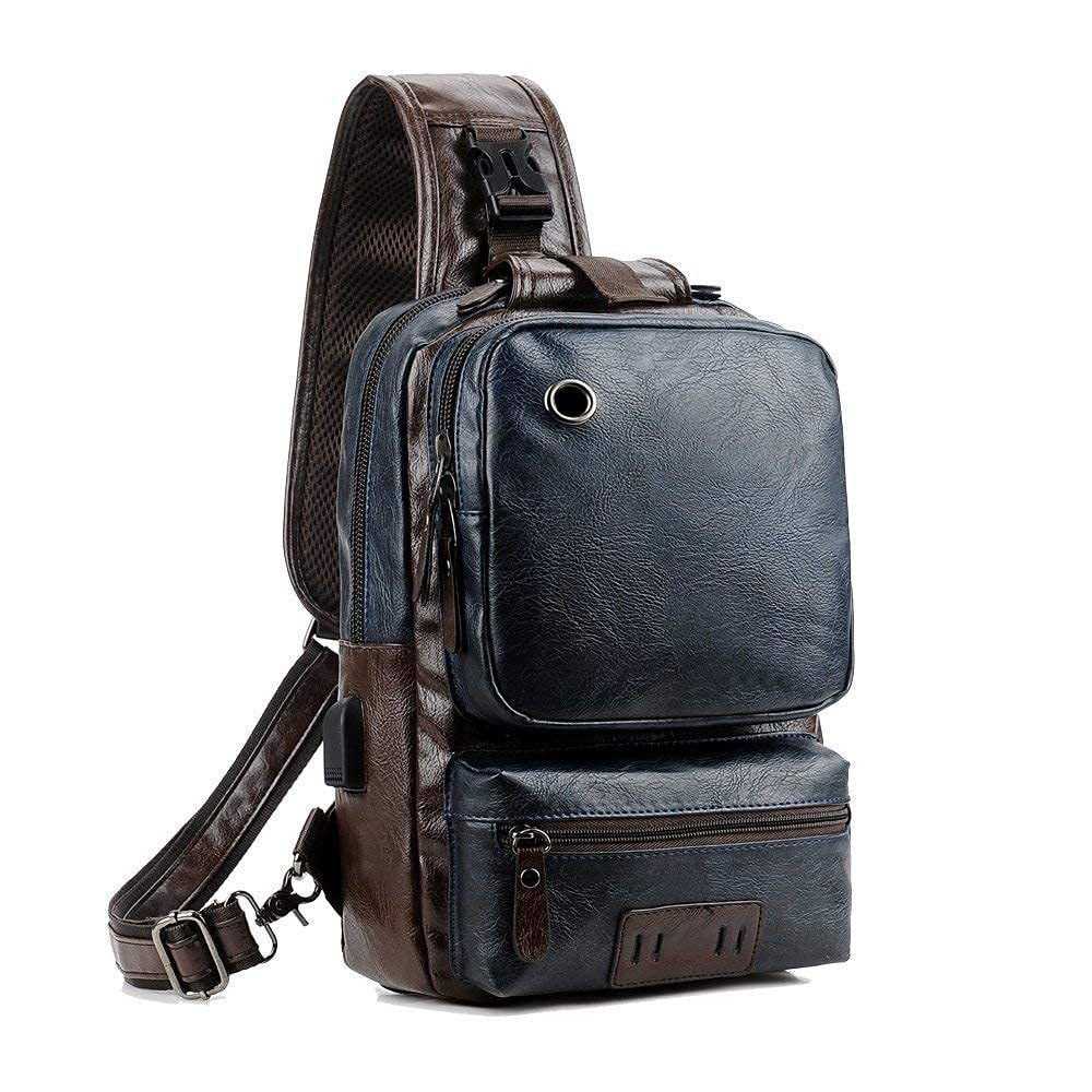 Mens Sling Bag Crossbody PU Leather Shoulder Backpack with USB Charging Port Vintage Chest Bag for Men