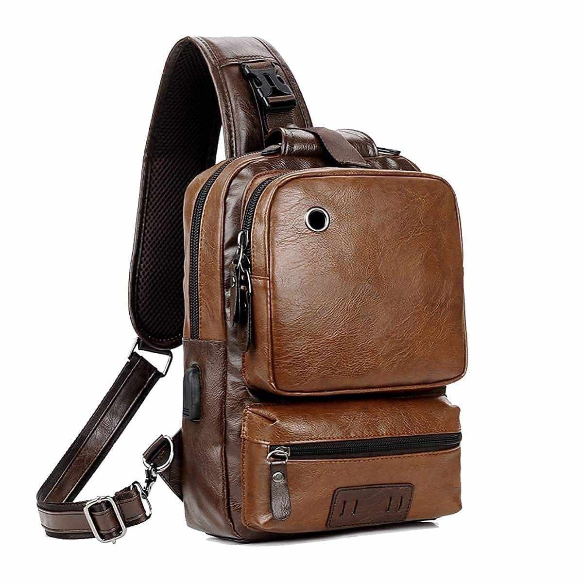 Mens Sling Bag Crossbody PU Leather Shoulder Backpack with USB Charging Port Vintage Chest Bag for Men
