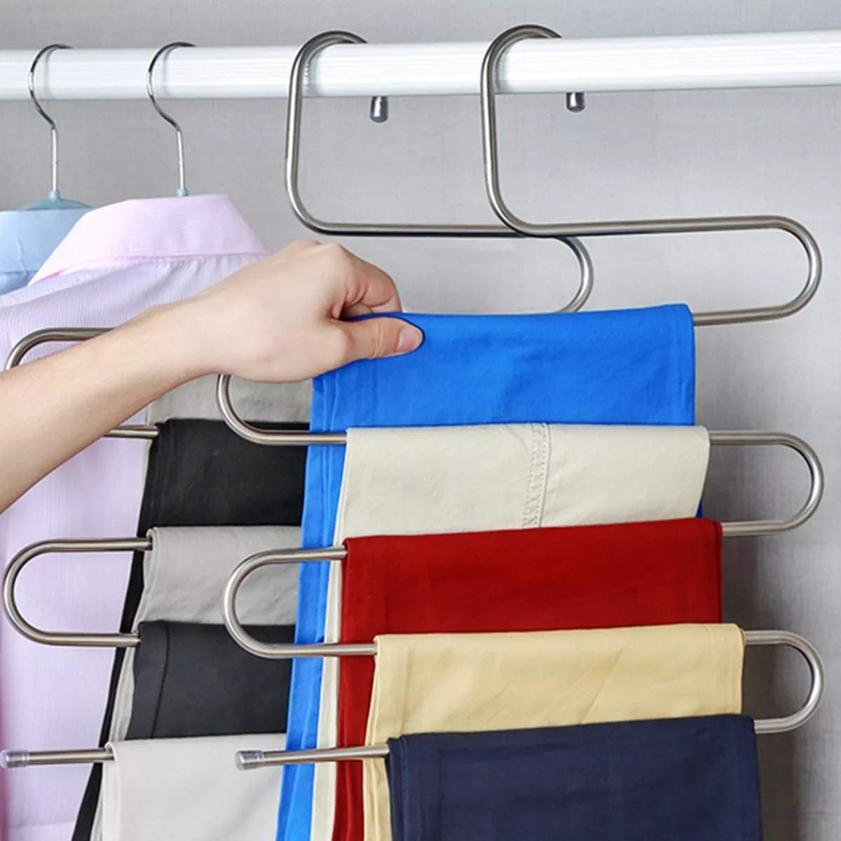 Multifunctional Pants Hanging Organizer Rack, Pant Hanger Closet Stainless Steel Rack Space Saver S Style Slack Hanger