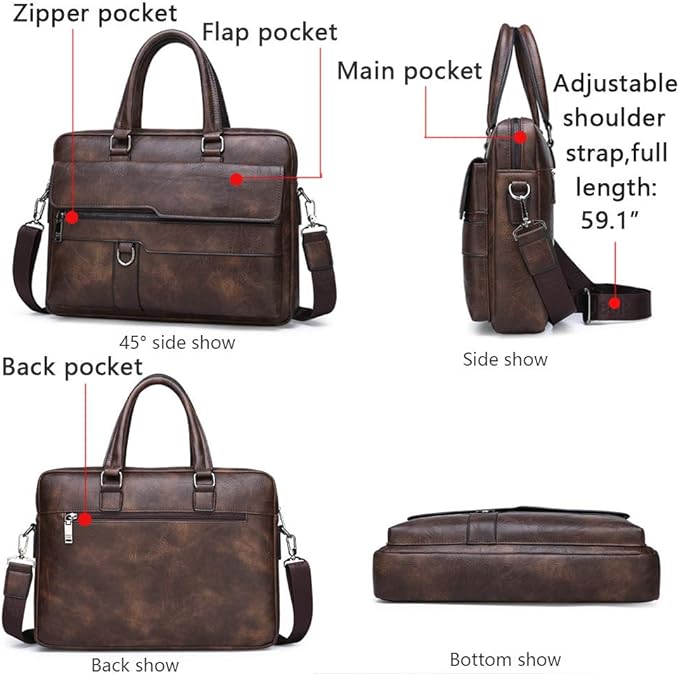 Men Business Briefcase pu Leather Bag 13.3 inch Laptop Case Handbag Shoulder Bag Retro Briefcase 38cmX30cm
