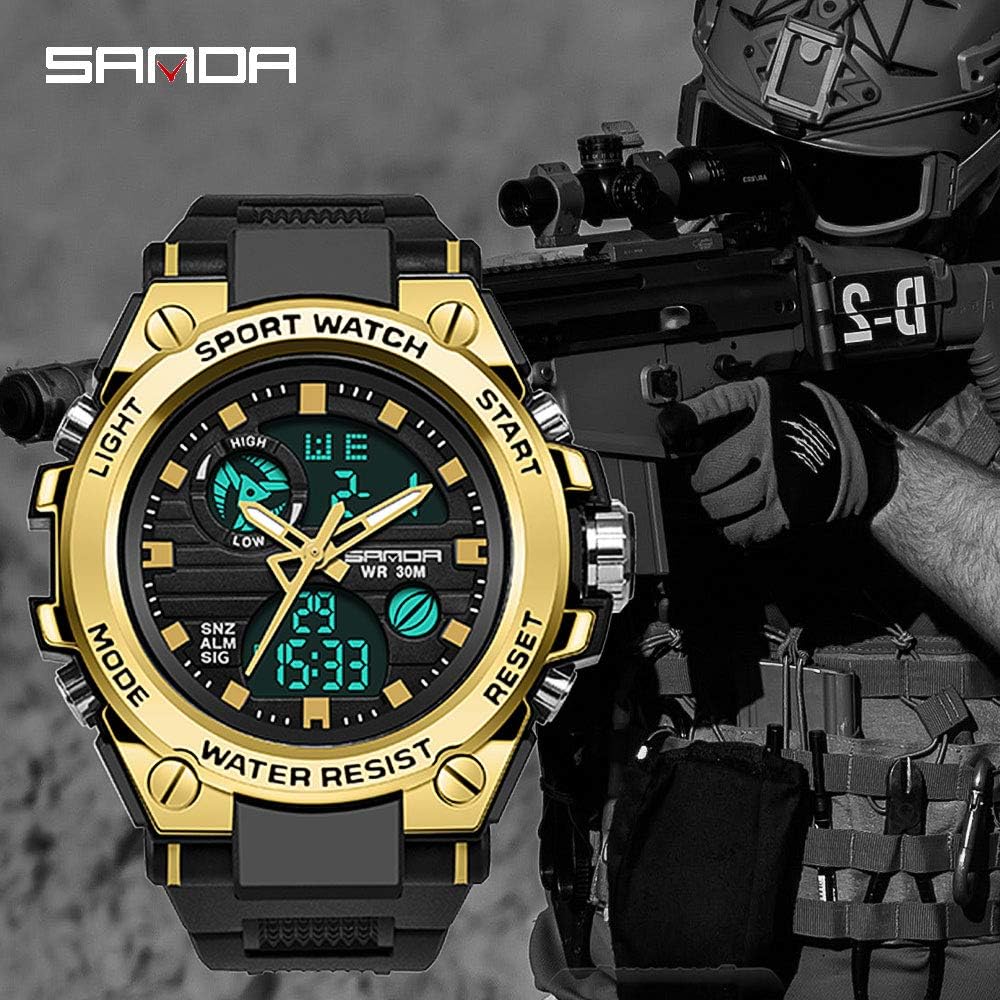 SANDA Mens Watches Sports Outdoor Waterproof Military Watch Date Multi Function Tactics LED Alarm Stopwatch