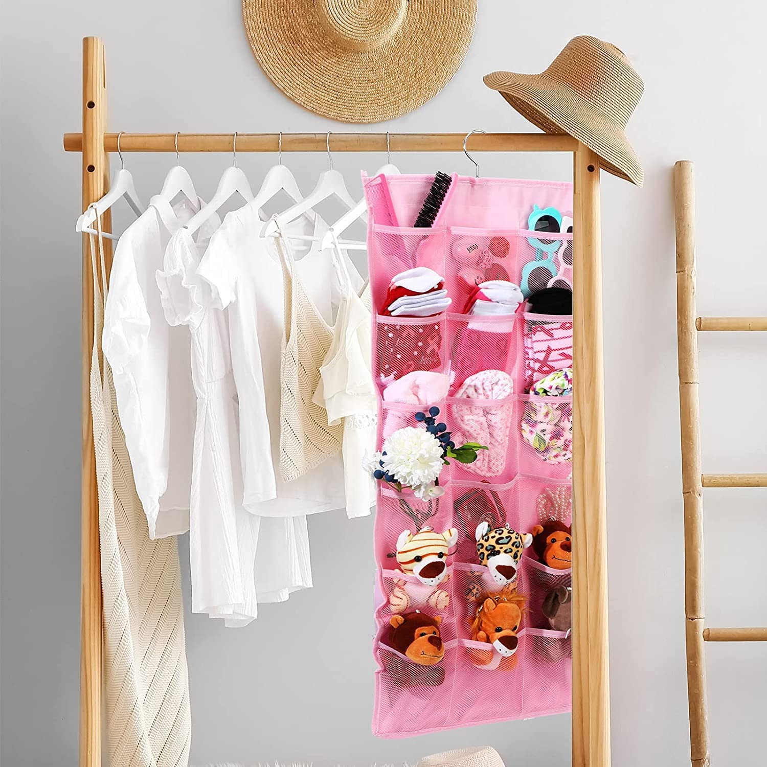 Dual Sided Wall Shelf Wardrobe Storage Hanging Organizer with Mesh Pockets Metal Hanger,Cloth Space Saver Bag for Bra Underwear