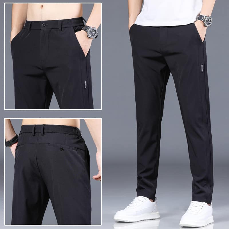 Spring Summer Breathable Mens Casual Pants Men Trousers Male Pant Slim Fit Work Elastic Waist Thin Cool Trousers Black