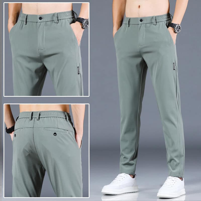 Spring Summer Breathable Mens Casual Pants Men Trousers Male Pant Slim Fit Work Elastic Waist Thin Cool Trousers Light Green