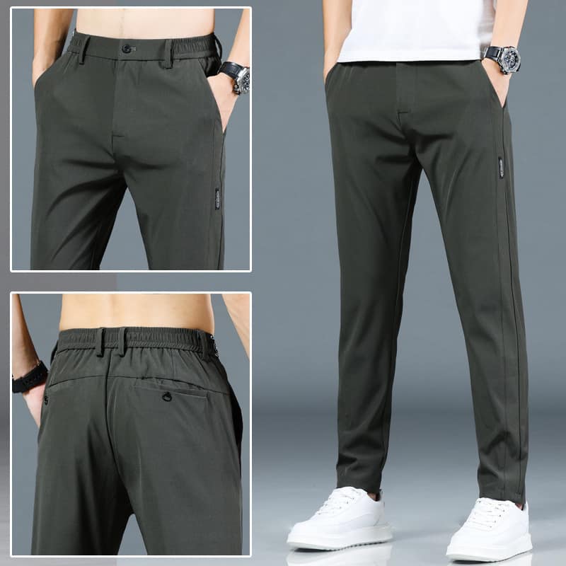 Spring Summer Breathable Mens Casual Pants Men Trousers Male Pant Slim Fit Work Elastic Waist Thin Cool Trousers Army Green