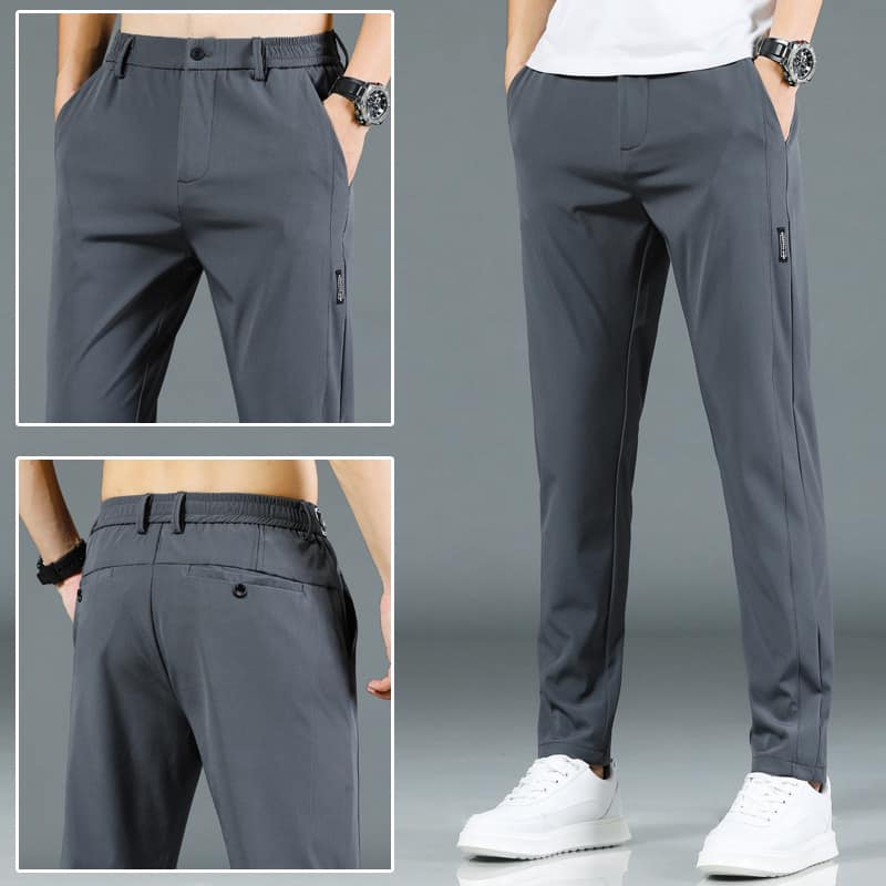 Spring Summer Breathable Mens Casual Pants Men Trousers Male Pant Slim Fit Work Elastic Waist Thin Cool Trousers Grey