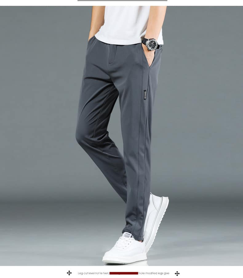 Spring Summer Breathable Mens Casual Pants Men Trousers Male Pant Slim Fit Work Elastic Waist Thin Cool Trousers Grey