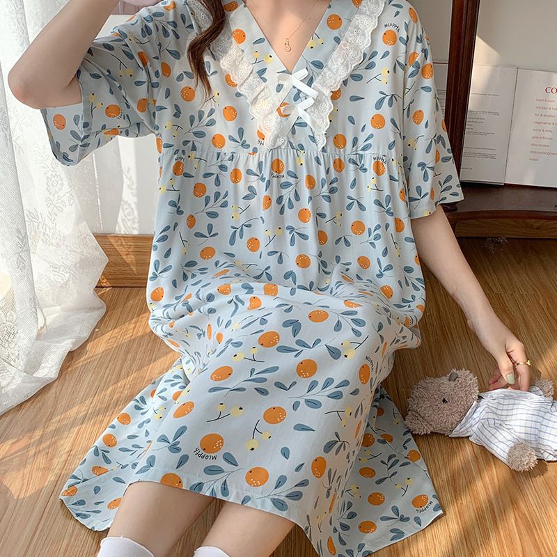 Nightgown Pajamas Nightgowns For Women Short Sleeves Sleepwear Large Size Print Loose Cotton Sleep Dress