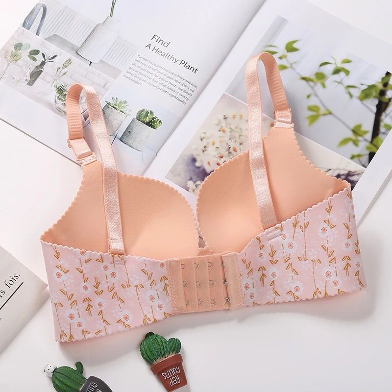 Floral Print Pushup Wire Free Bra | Seamless adjustable Shoulder Strap Four-Sluggled Buckle Underwear Gathered Bra Pink