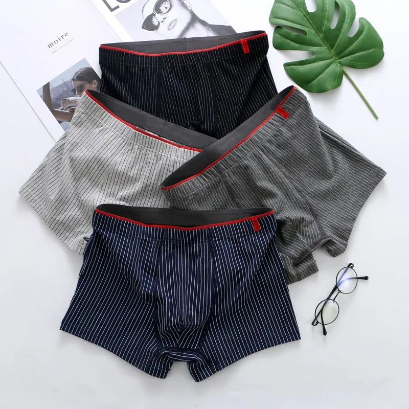 Mens Underwear Antibacterial Breathable Boxer Shorts Head Striped Sport Underwear 4pcs Set