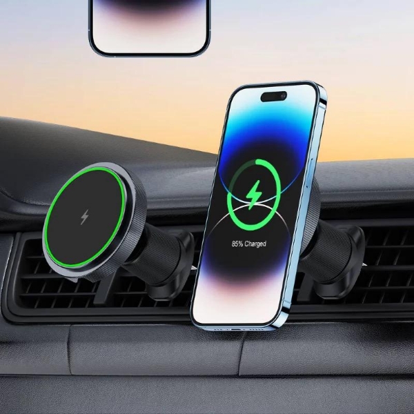 15W Fast Wireless Car Charger, AC Vent Charger, Phone Holder Premium Round LED Indicator 15W MagSafe