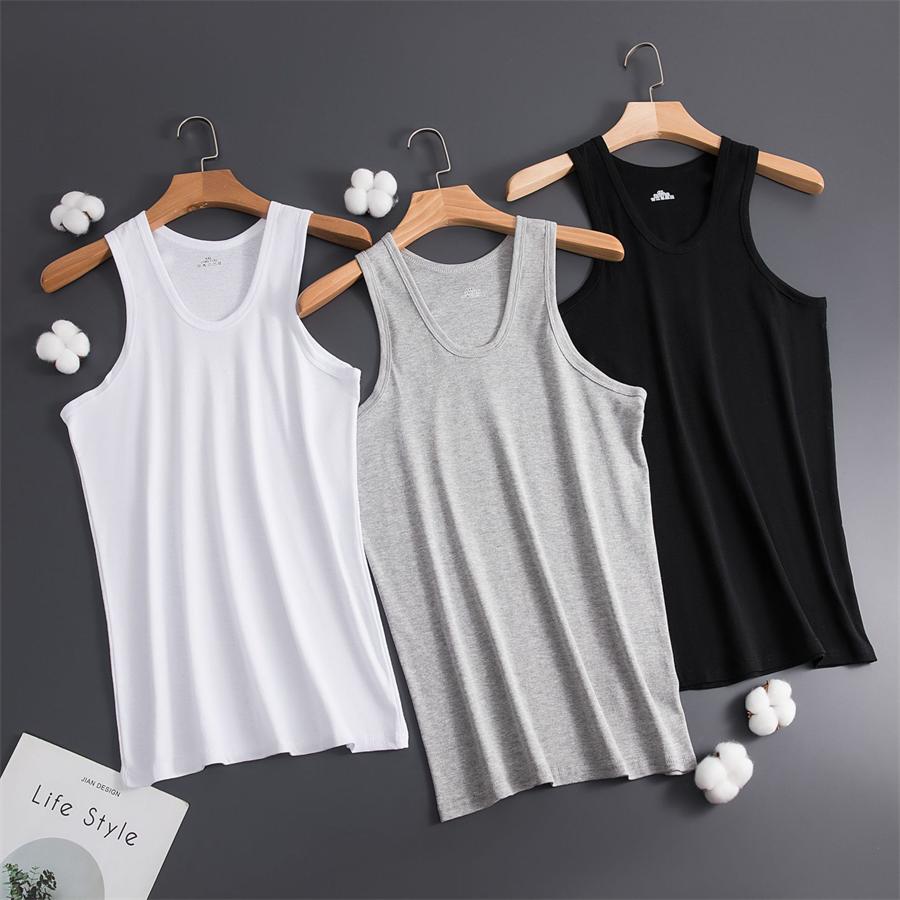 Men Muscle Vests Cotton Inner Sleeveless Tank Tops Solid Muscle Vest Shirts O Neck 3pcs (black white grey)