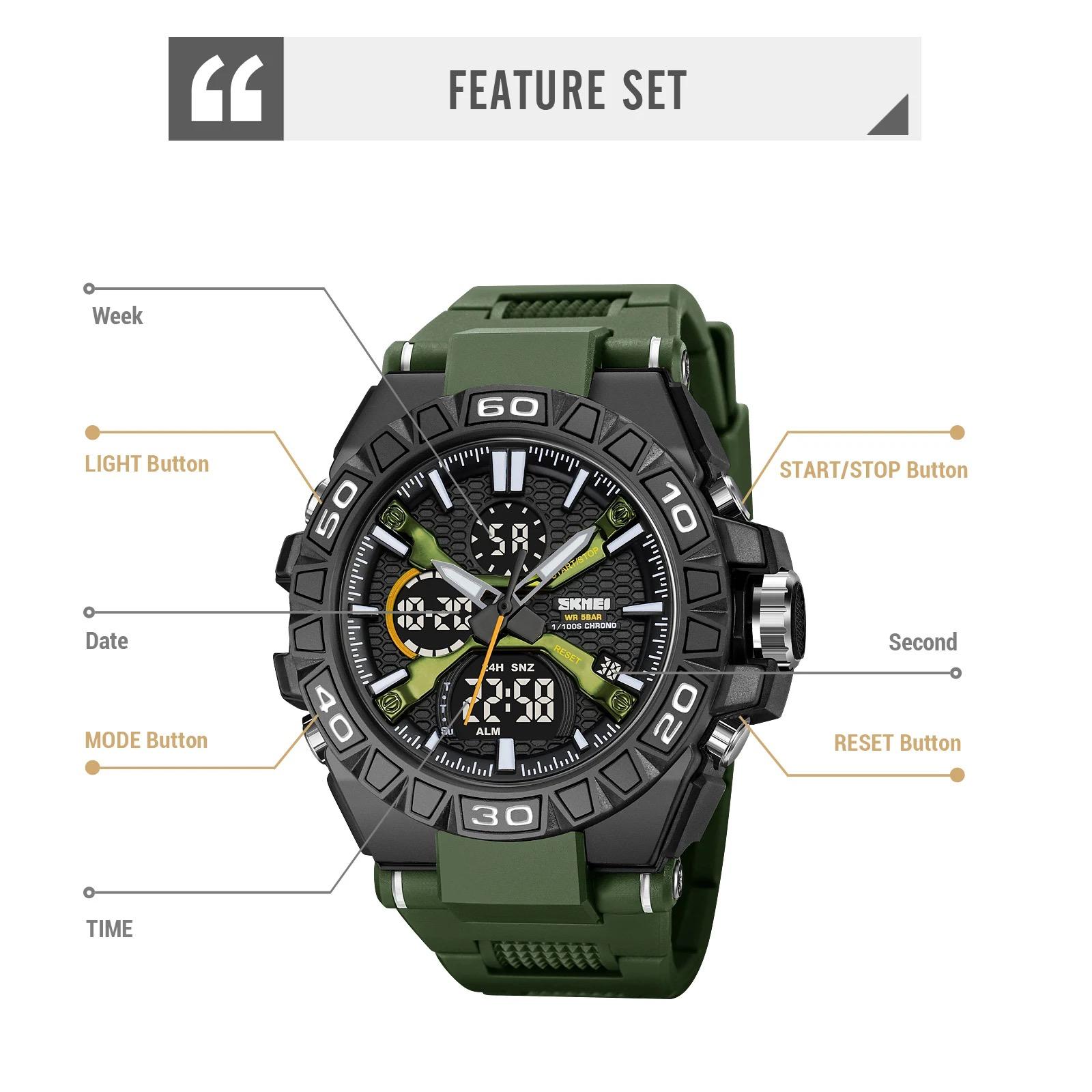 SKMEI 2220 Mens Analog Sports Watch Electronic Stopwatch Large Dual Dial Time Outdoor Army Digital Wrist Watch