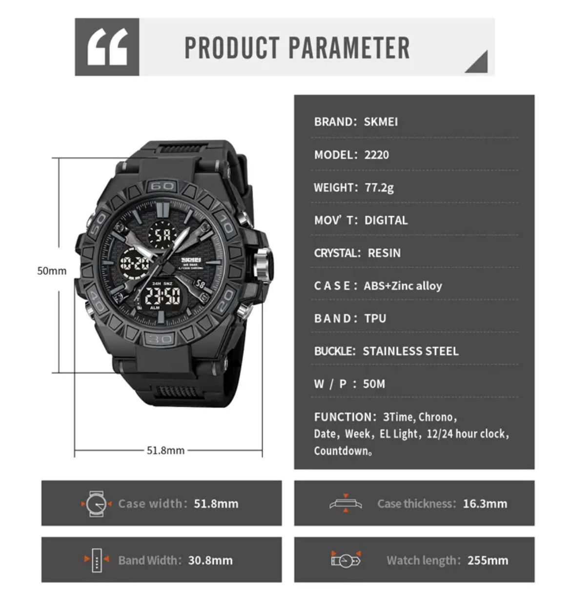 SKMEI 2220 Mens Analog Sports Watch Electronic Stopwatch Large Dual Dial Time Outdoor Army Digital Wrist Watch