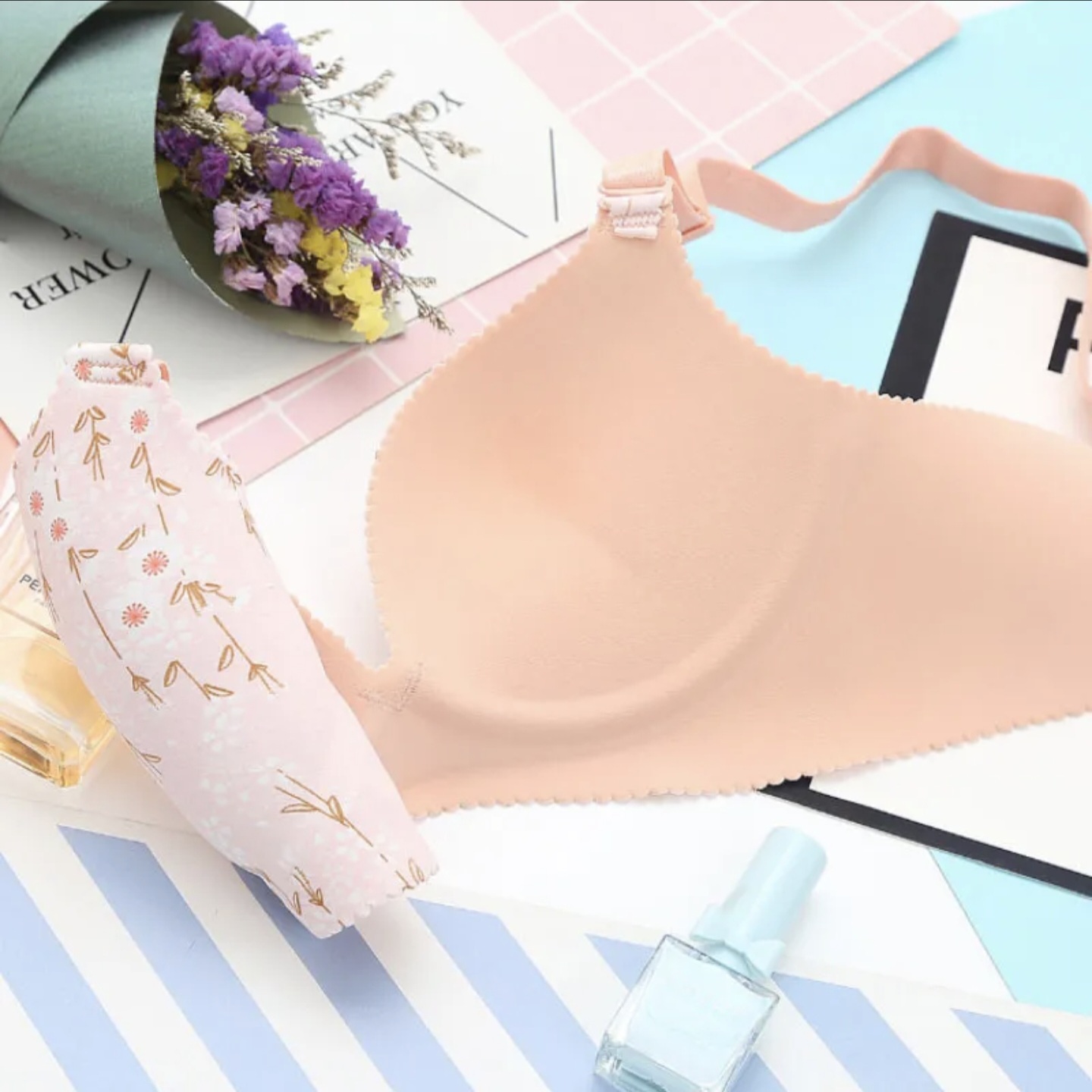 Women Wireless Floral Print Underwear Push Up Breathable Cotton Bra