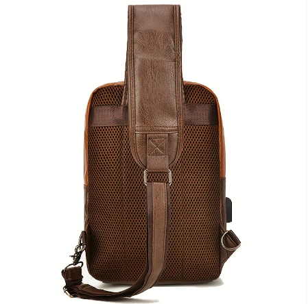 Mens Sling Bag Crossbody PU Leather Shoulder Backpack with USB Charging Port Vintage Chest Bag for Men