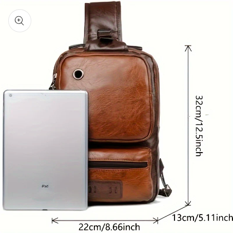 Mens Sling Bag Crossbody PU Leather Shoulder Backpack with USB Charging Port Vintage Chest Bag for Men