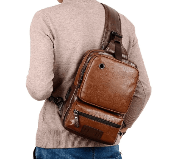 Mens Sling Bag Crossbody PU Leather Shoulder Backpack with USB Charging Port Vintage Chest Bag for Men