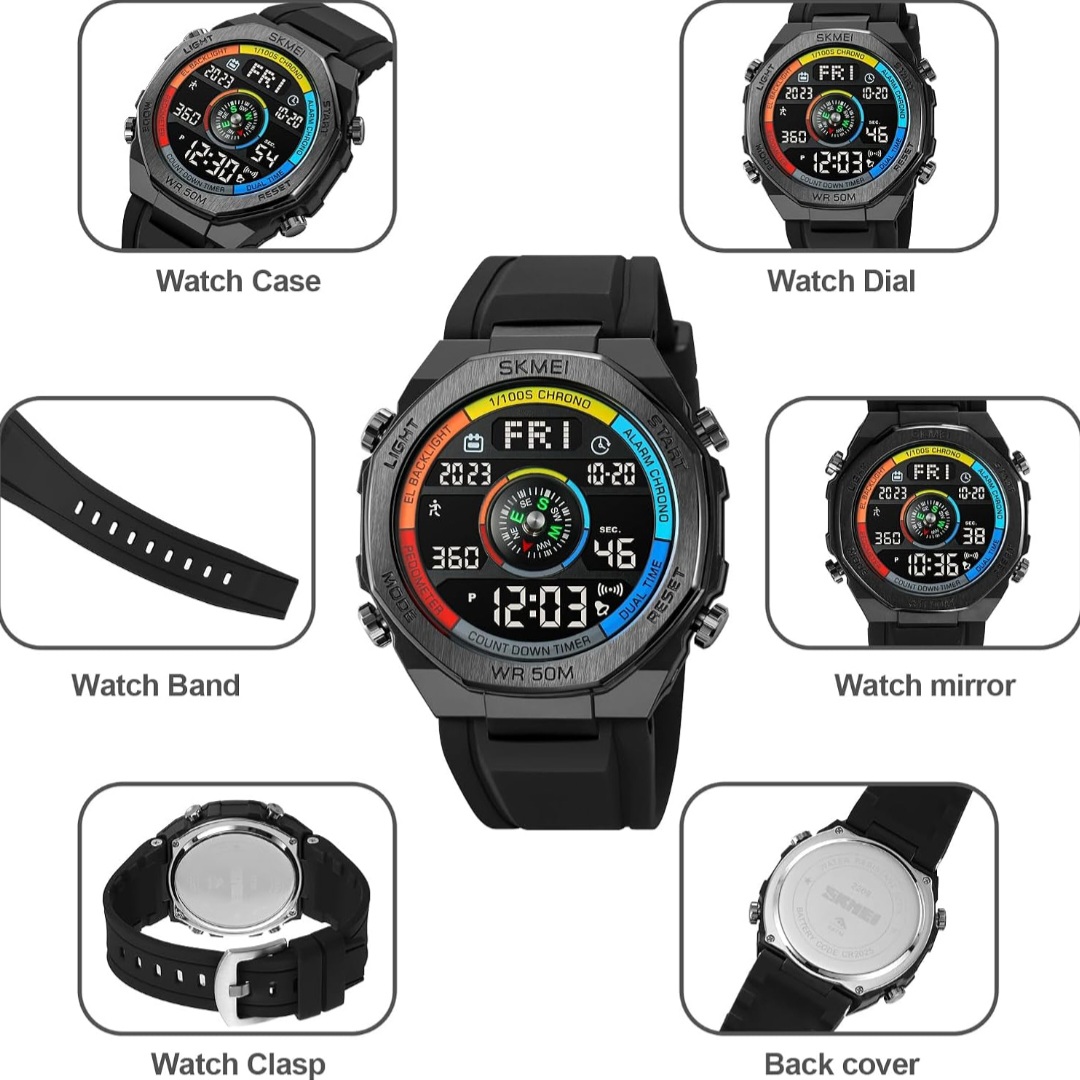 SKMEI Men Watch Compass Pedometer Sport Watch LED Digital Stopwatch Wristwatch