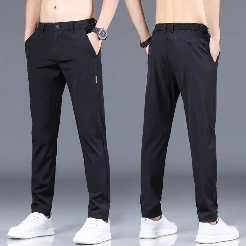 Spring Summer Breathable Mens Casual Pants Men Trousers Male Pant Slim Fit Work Elastic Waist Thin Cool Trousers Black