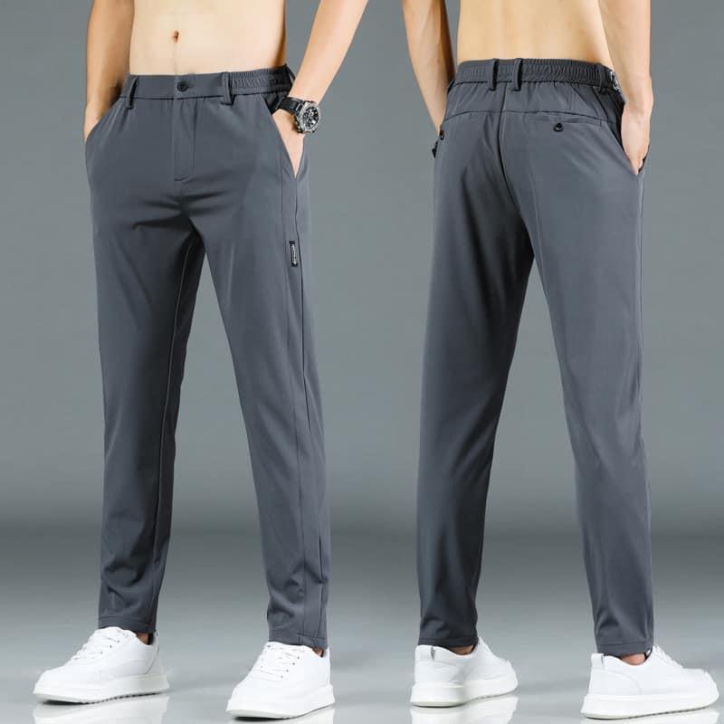 Spring Summer Breathable Mens Casual Pants Men Trousers Male Pant Slim Fit Work Elastic Waist Thin Cool Trousers Grey